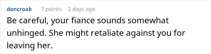 Screenshot of an online comment warning about a fiancee's obsession and potential retaliation affecting relationships.