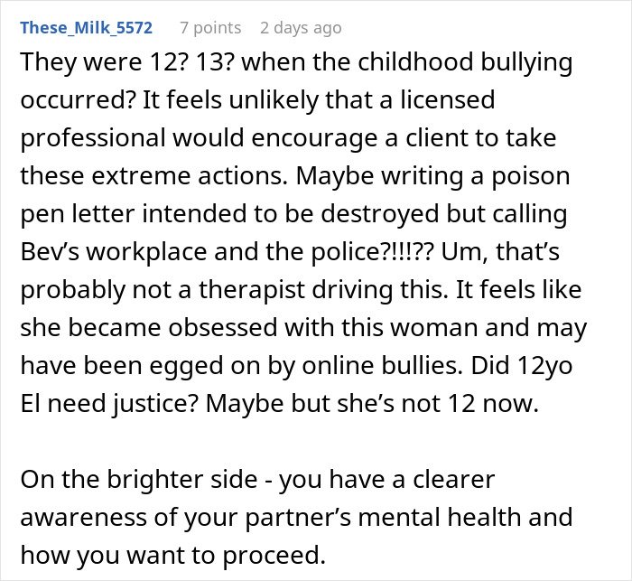 Screenshot of online comment discussing fiancée’s obsession with her bully affecting relationships and mental health awareness.