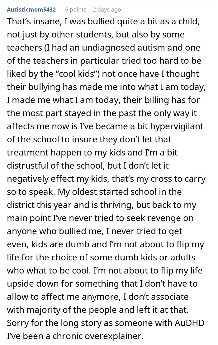 Comment discussing personal experiences with bullying and its effects, highlighting fiancée’s obsession with her bully.
