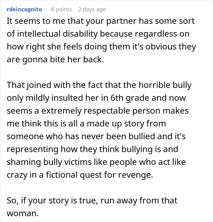 Alt text: Text discussing a fiancée’s obsession with her bully and the complexities of bullying and relationships.