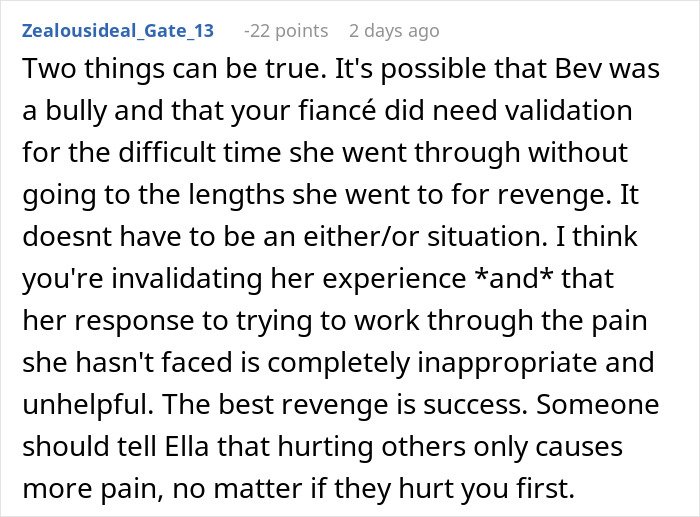 Comment discussing fiancée’s obsession with her bully and impact on relationships, mentioning stalking behavior and emotional pain.