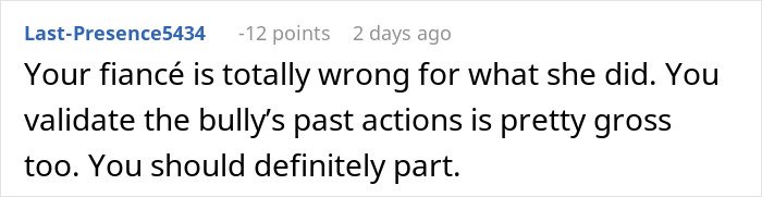 Comment discussing fiancé’s obsession with her bully and its impact on relationships in an online forum.