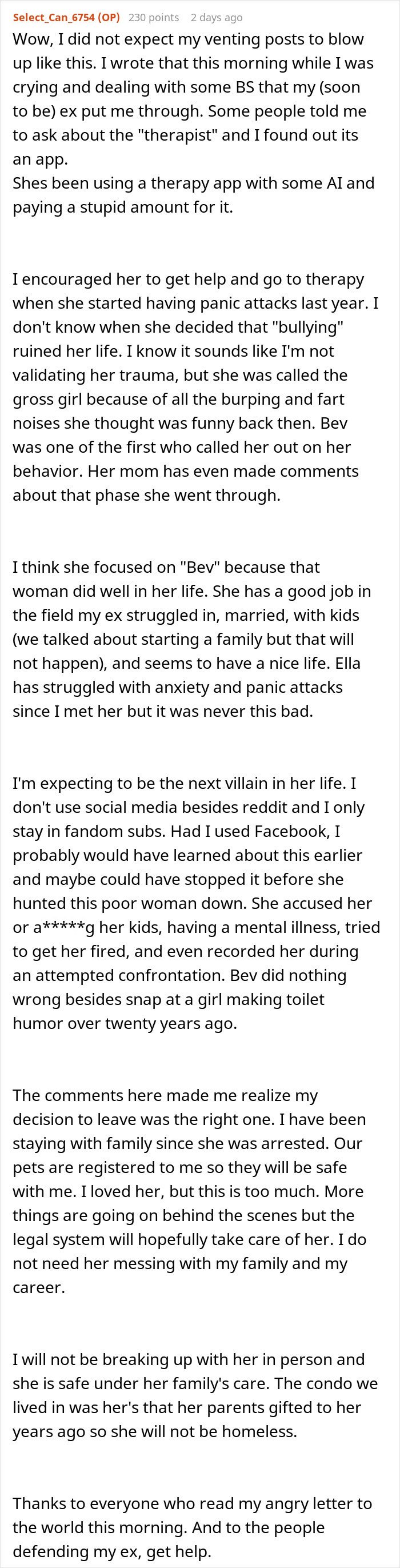 Reddit post discussing fiancée’s obsession with her bully and how it ruins relationships through stalking and harassment.