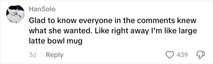 Comment from HanSolo discussing preferences for a large latte bowl mug in a relationship debate online.