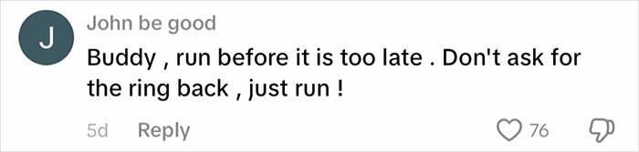 Comment saying Buddy, run before it is too late, relating to fiancé’s mug gift sparking huge relationship debate online.