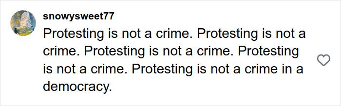 User social media comment stating protesting is not a crime, emphasizing views on freedom in a democracy related to Renee Good’s wife fatal ICE incident.