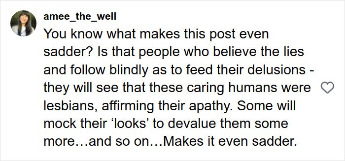 User comment on social media expressing sadness over community reaction to fatal ICE incident involving Renee Good’s wife.