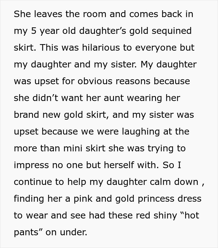 Woman stealing 5-year-old niece’s gold sequined skirt causes upset as aunt tries to wear it and lie about it.