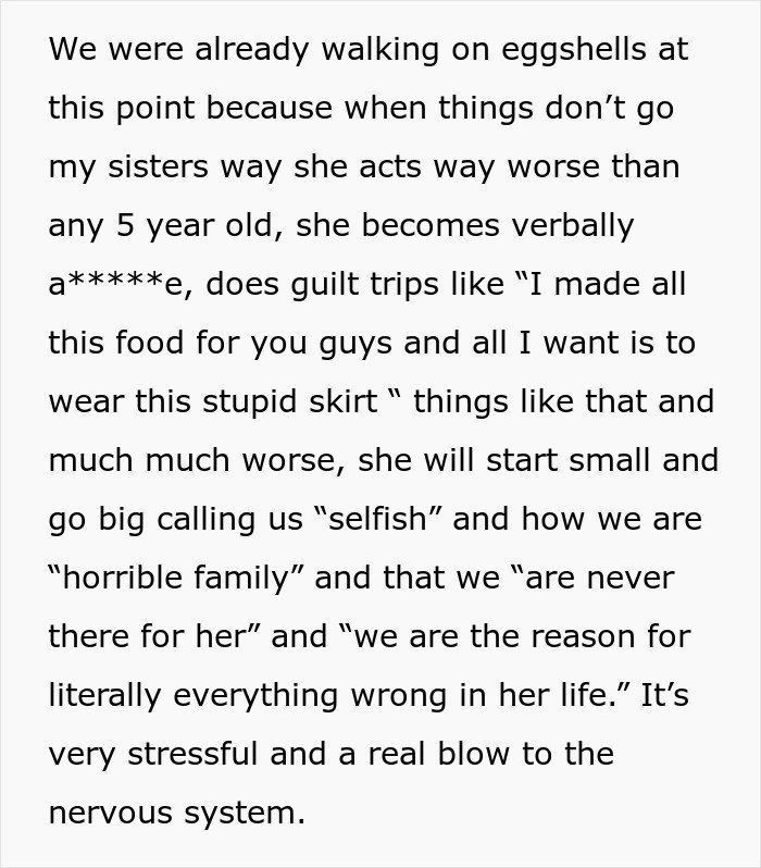 Text describing a stressful family conflict involving a woman stealing her 5-year-old niece’s skirt and lying when caught.