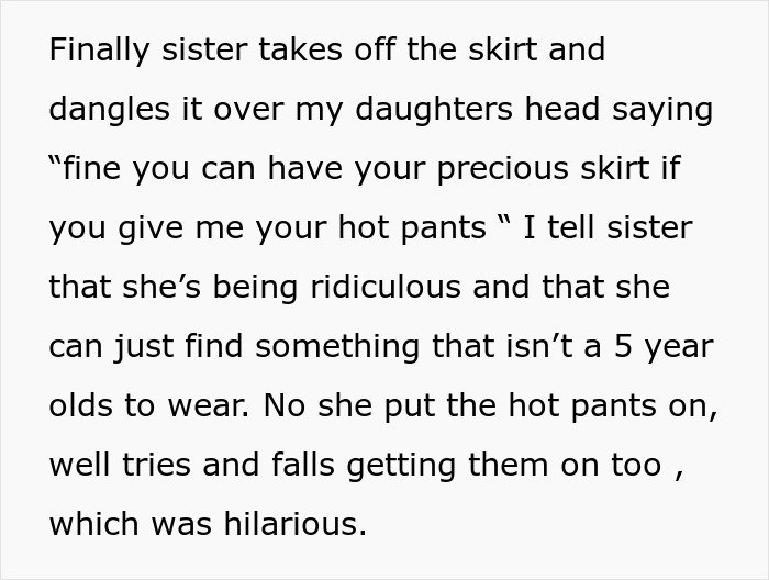 Alt text: Woman steals 5-year-old niece’s skirt and tries on hot pants, causing a funny and ridiculous family moment.