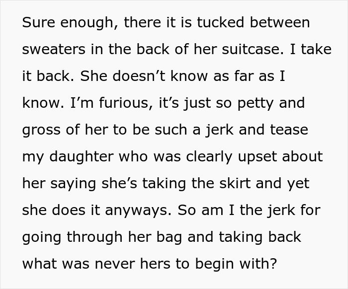 Text excerpt about woman stealing niece’s skirt, showing frustration and conflict over the skirt theft and lying.