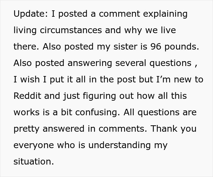 Text update explaining living circumstances, sister’s weight, and confusion using Reddit, related to woman stealing 5-year-old niece’s skirt.