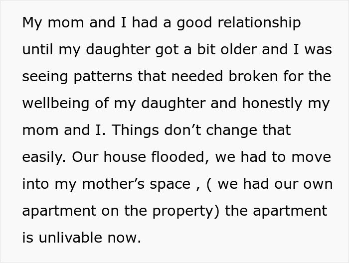 Text discussing a strained family relationship and moving into mother’s space after house flooding for daughter’s wellbeing.