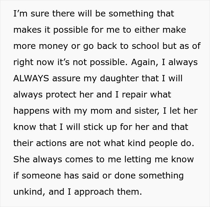 Text excerpt from a personal story about protecting a daughter amid family conflicts involving a stolen skirt incident.