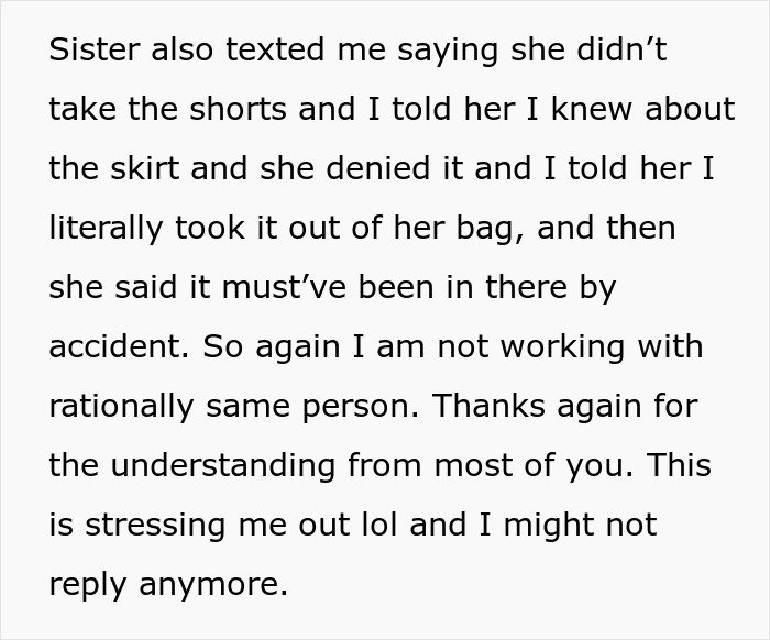 Text message conversation about a woman stealing a 5-year-old niece’s skirt and denying it when caught.
