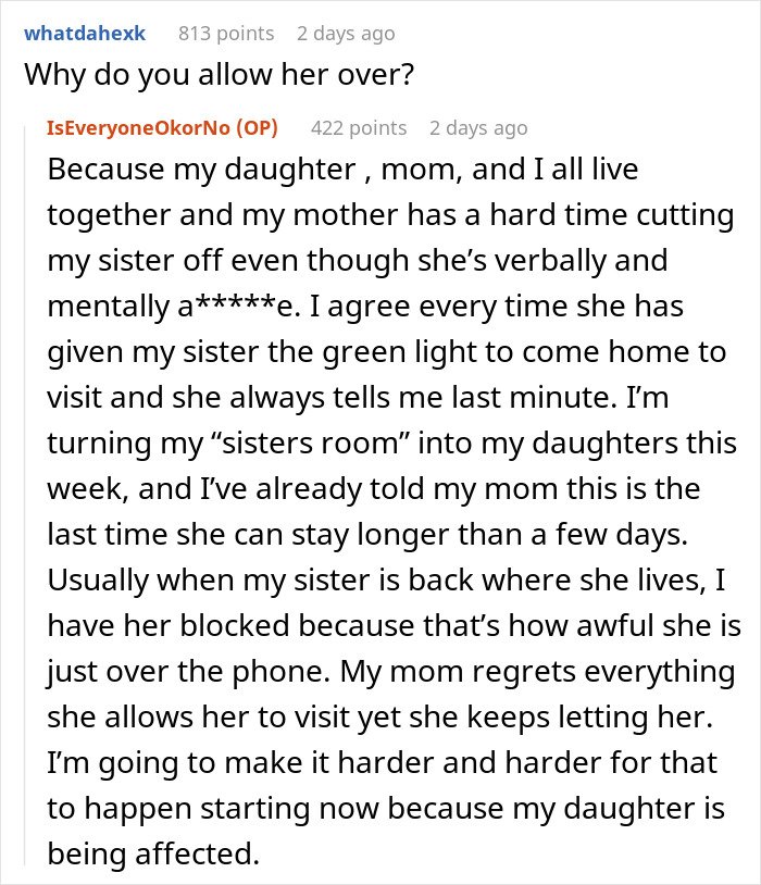 Comment thread discussing a woman stealing her 5-year-old niece’s skirt and the impact on the family dynamics.