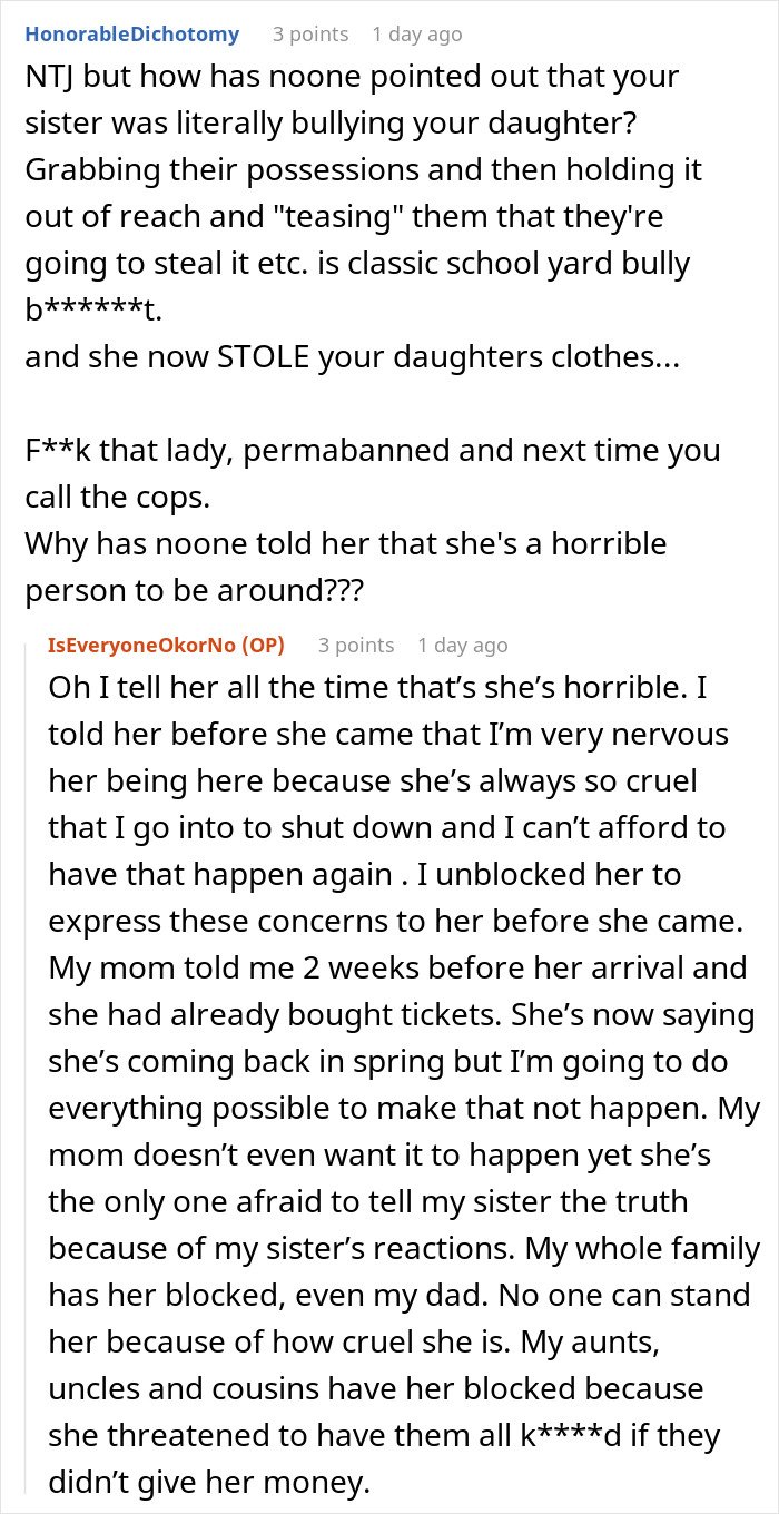 Comment discussing woman stealing 5-year-old niece’s skirt and lying when caught, describing family conflict and bullying behavior.