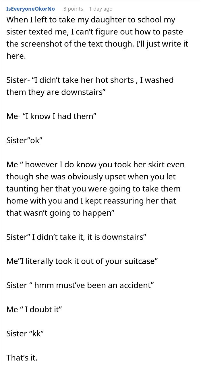 Text conversation showing a woman accused of stealing 5-year-old niece’s skirt and lying when caught red-handed.