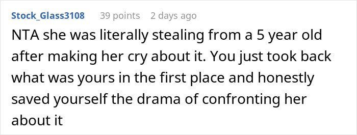 Reddit user comments on woman stealing 5-year-old niece’s skirt and lying when caught in a heated discussion.
