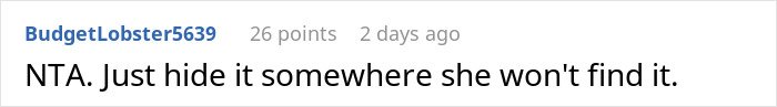 Screenshot of a Reddit comment stating advice about hiding an item related to a woman stealing a 5-year-old niece’s skirt.