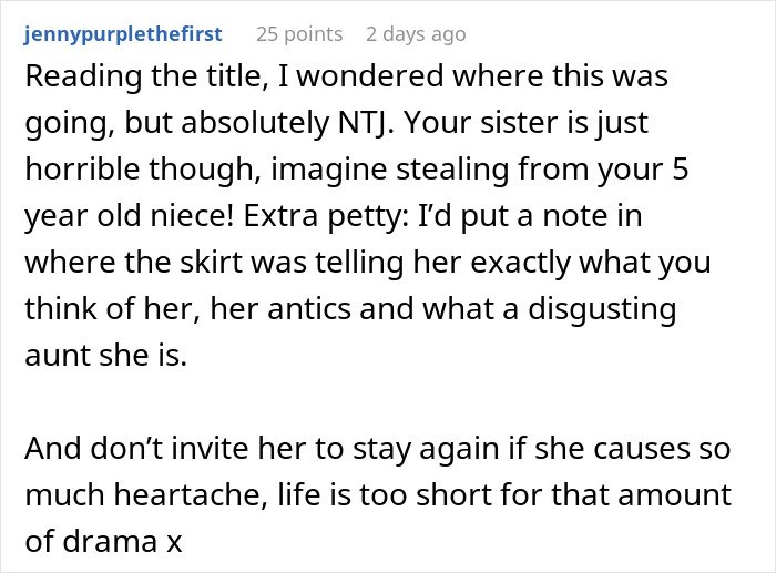 Commenter reacting to woman stealing 5-year-old niece’s skirt and lying when caught red-handed online discussion.