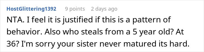 Screenshot of an online comment discussing a woman stealing a 5-year-old niece’s skirt and lying about it.