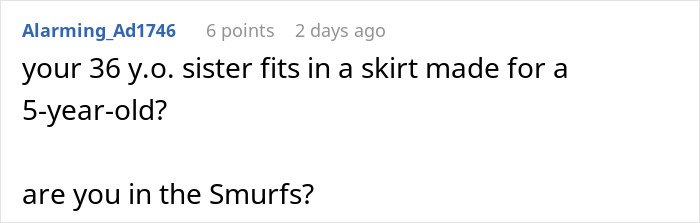 Text message conversation mentioning a 36-year-old woman fitting into a skirt made for a 5-year-old niece.