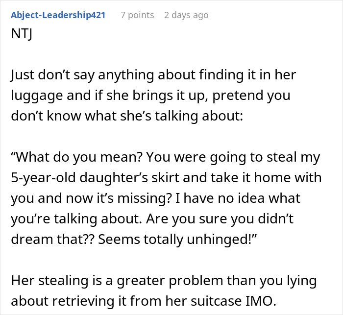 Woman looking guilty after stealing her 5-year-old niece’s skirt and lying when caught red-handed.
