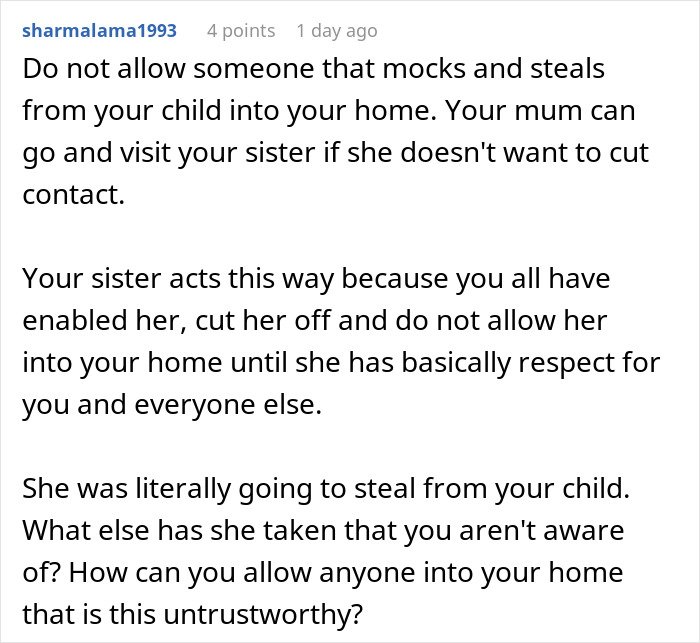Comment text discussing a woman stealing a 5-year-old niece’s skirt and lying when caught red-handed.