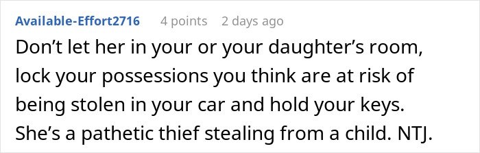 Screenshot of a Reddit comment warning about a woman stealing a 5-year-old niece’s skirt and lying when caught.