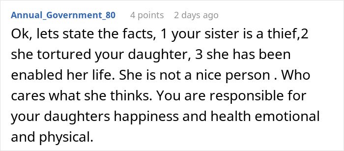Comment criticizing a woman who stole her 5-year-old niece’s skirt and lied when caught, discussing family responsibility.