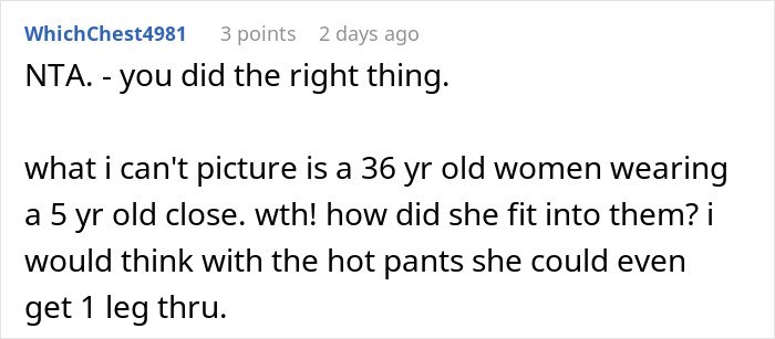 Reddit comment discussing a woman stealing her 5-year-old niece’s skirt and lying when confronted.