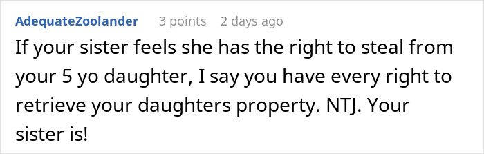 Comment discussing a woman stealing a 5-year-old niece’s skirt and the justification for retrieving the child’s property.