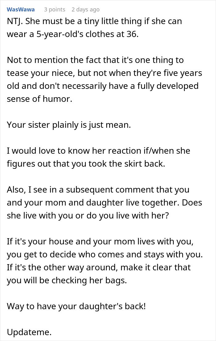 Comment discussing woman stealing 5-year-old niece’s skirt and the family dynamics involved in the situation.