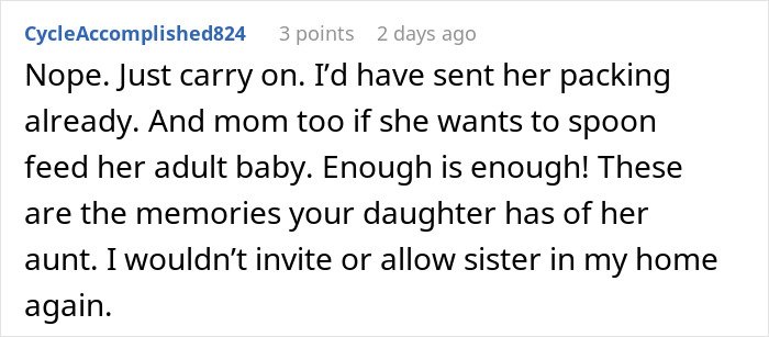 Comment text discussing a woman stealing her 5-year-old niece’s skirt and lying when caught red-handed.