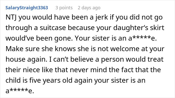 Comment discussing a woman who steals her 5-year-old niece’s skirt and lies when confronted about it.