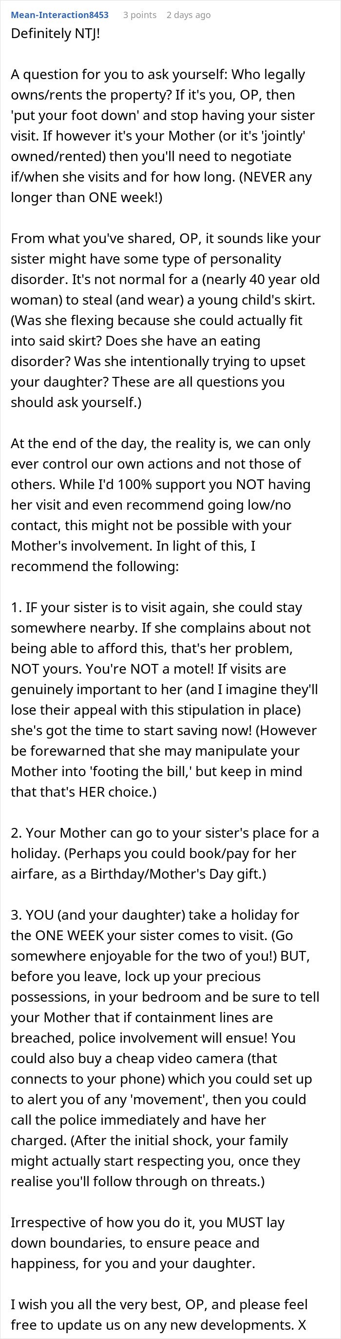 Screenshot of a detailed online forum comment discussing a woman stealing her 5-year-old niece’s skirt and related family advice.
