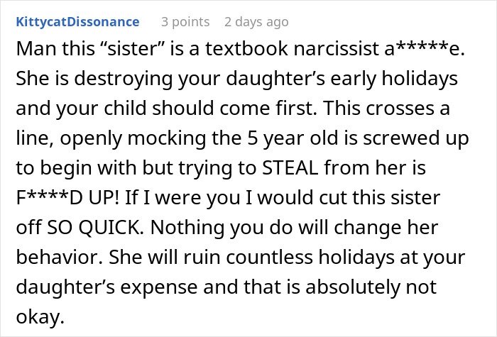 Screenshot of a forum comment discussing a woman stealing her 5-year-old niece’s skirt and lying when caught red-handed.