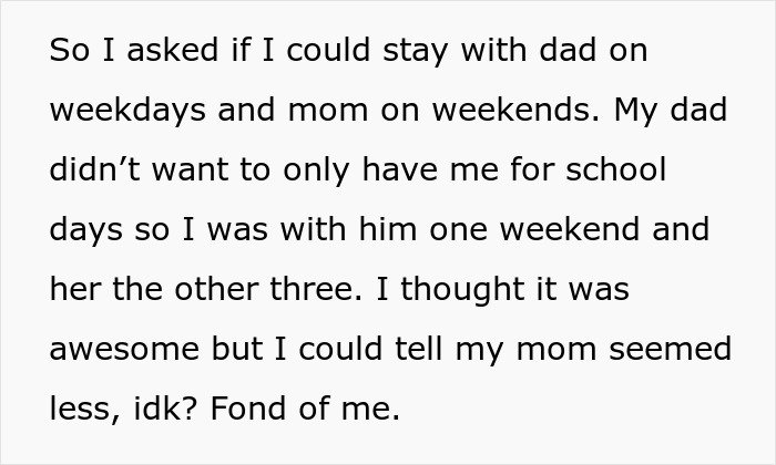 Text excerpt about a daughter wanting to stay with dad and noticing mom’s change in affection after divorce.