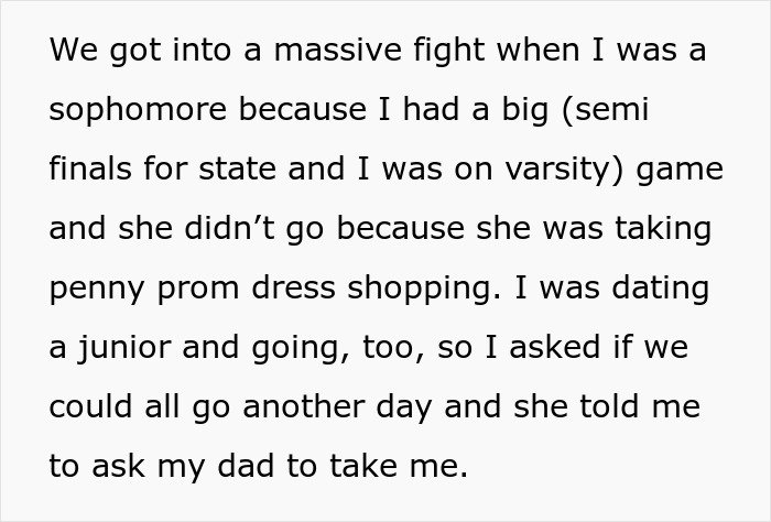 Text excerpt about a daughter’s fight with mom during divorce blaming her for picking dad, causing family tension.