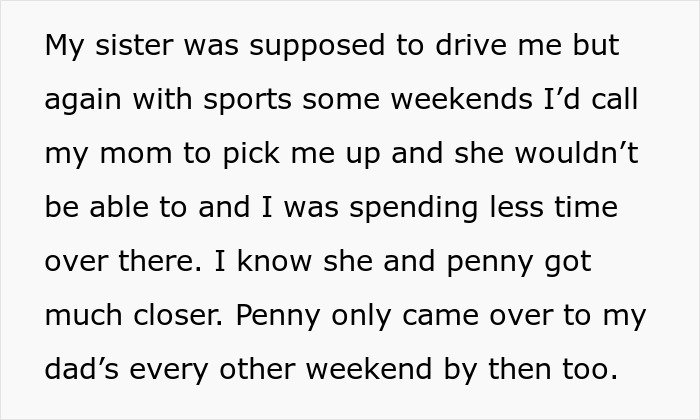 Alt text: Text about a daughter spending less time with mom after divorce and being blamed for picking dad in custody conflict.