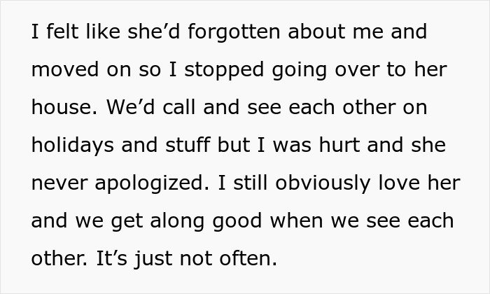 Alt text: Text excerpt about a daughter feeling hurt after mom blames her for picking dad in the divorce and limits contact.