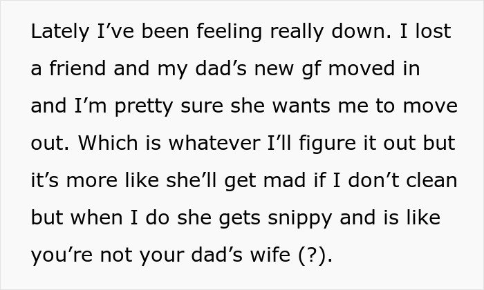 Text describing a daughter feeling conflicted about her dad’s new girlfriend and mom blaming her for picking dad in divorce.