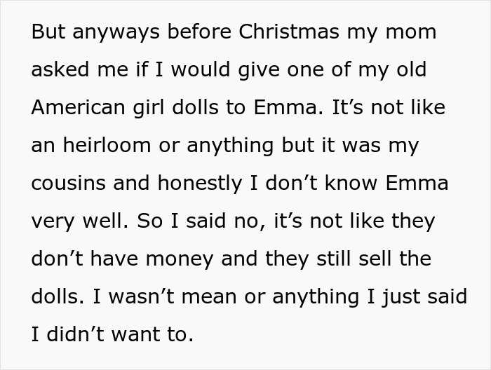 Text about a mom blaming her daughter for picking dad in the divorce and refusing to involve her in family life.