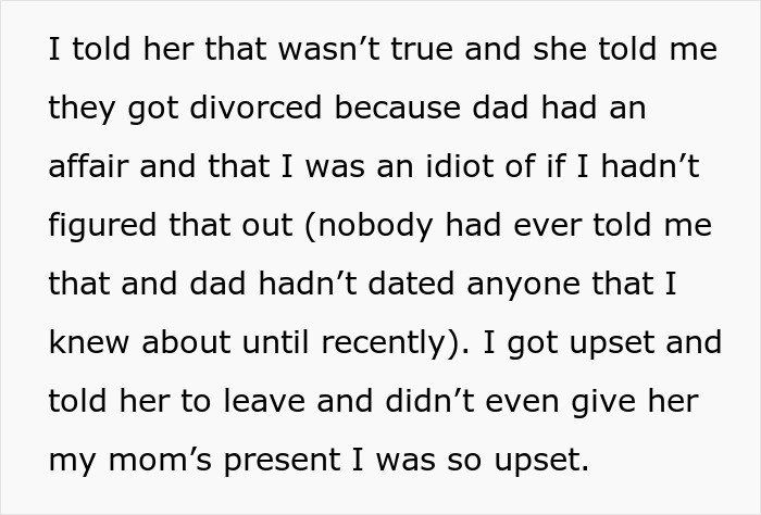 Text excerpt showing a daughter upset over her mom blaming her for choosing dad in the divorce and refusing involvement.