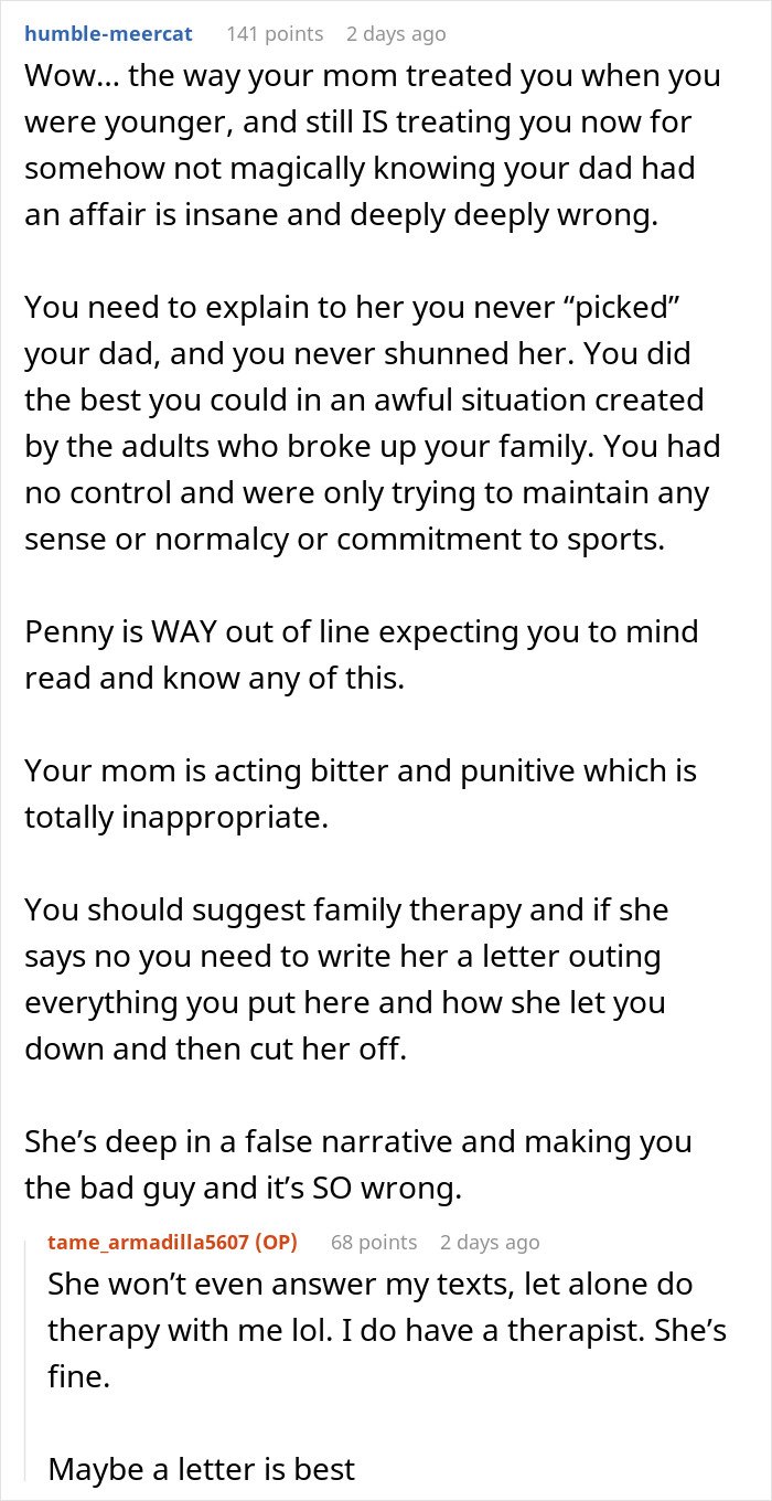 Text conversation discussing mom blaming daughter for picking dad during divorce and refusing family involvement.