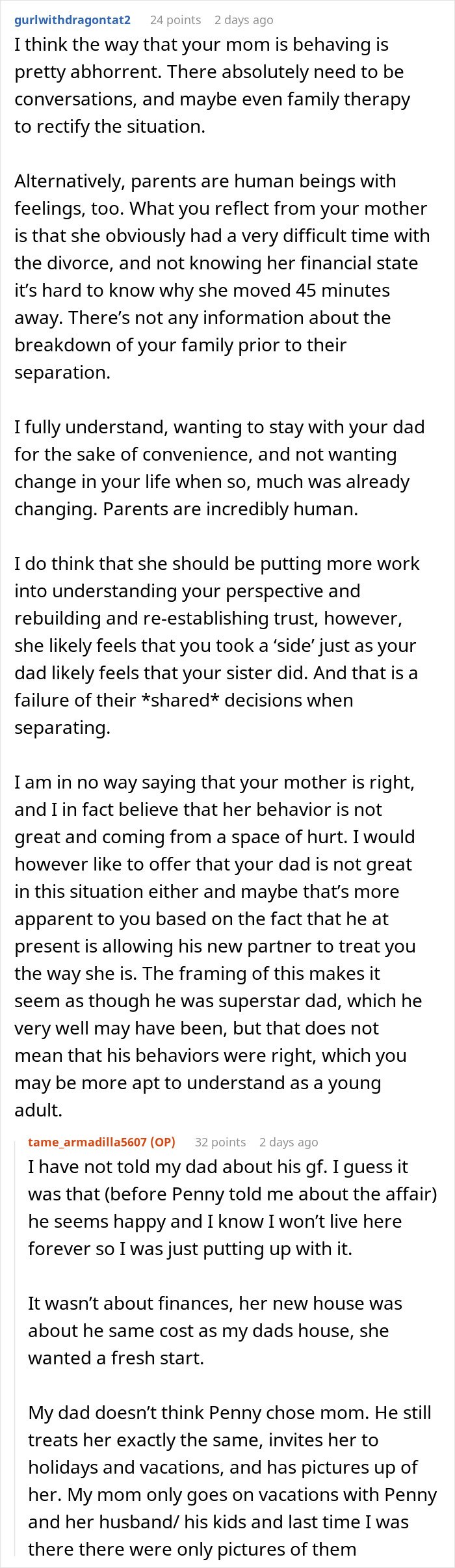 Text conversation discussing a mom blaming her daughter for picking dad during divorce and refusing involvement in her life.