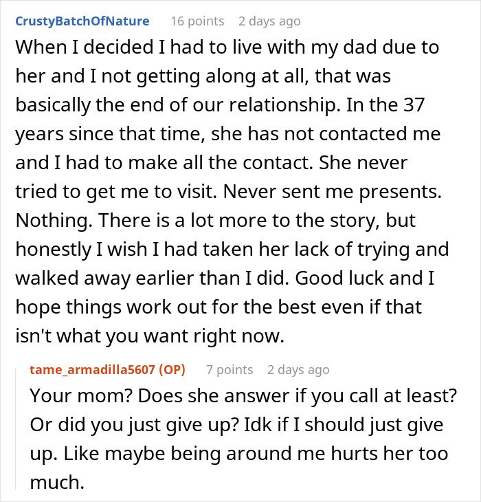 Alt text: Mom blames daughter for picking dad in divorce and refuses to involve her in her life, causing long-term estrangement.