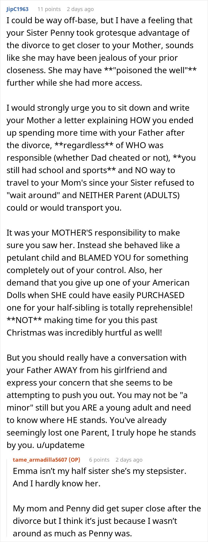 Comment discussing family conflict after divorce involving mom blaming daughter for choosing dad and issues with stepsister.