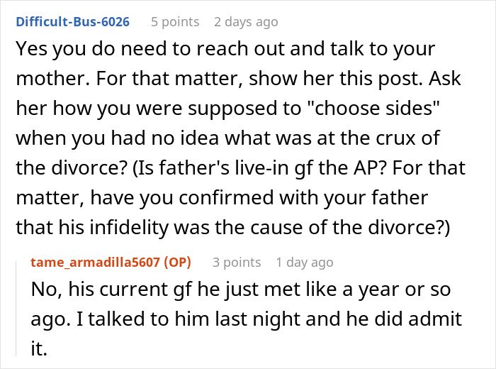 Reddit comments discussing a mom blaming her daughter for picking dad in the divorce and refusing involvement.